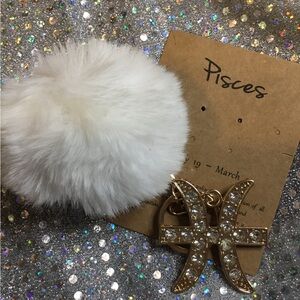 White Pom Pom Keychain with Gold Pisces Charm